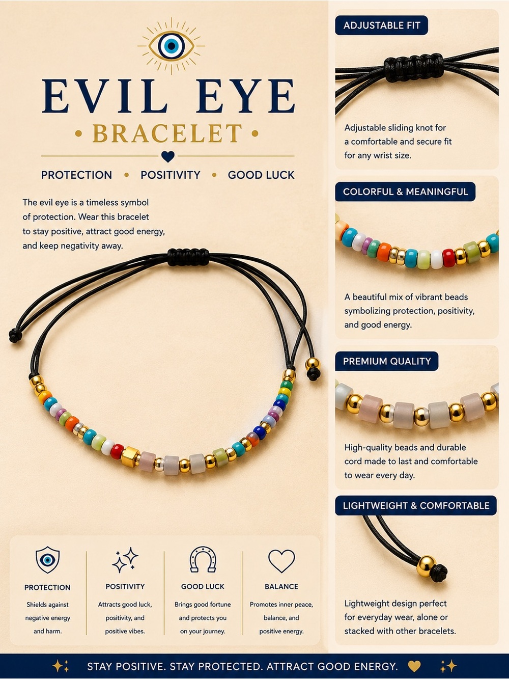 Evil Eye Multicolor Beaded Bracelet - Adjustable Protection Bracelet